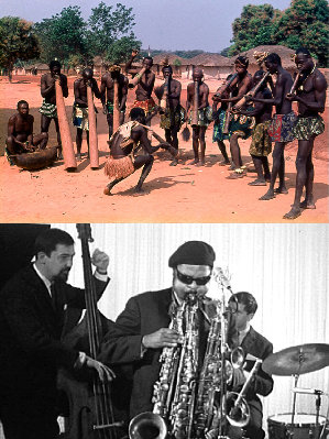 Banda-Dakpa Horn Orchestra, Central Africa (top), and Rahsaan Roland Kirk playing three saxophones simultaneously (bottom)..jpg